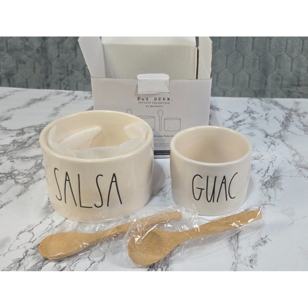 Rae Dunn Guac/Salsa Ceramic Bowls 2 Wooden Spoons Taco Night Limited Guacamole
